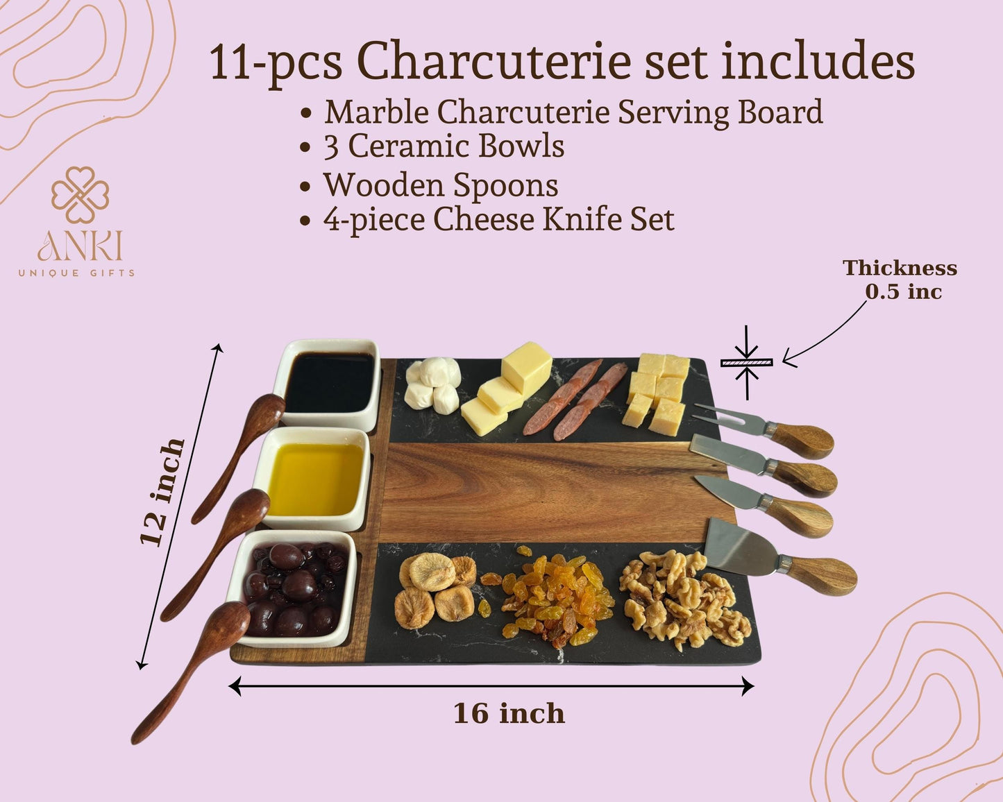 Personalized Marble Wood Cutting Board with Coasters Cheese Cutting Board, Mothers Day Gift Unique Gifts for Her Custom Gift for Mom Grandma