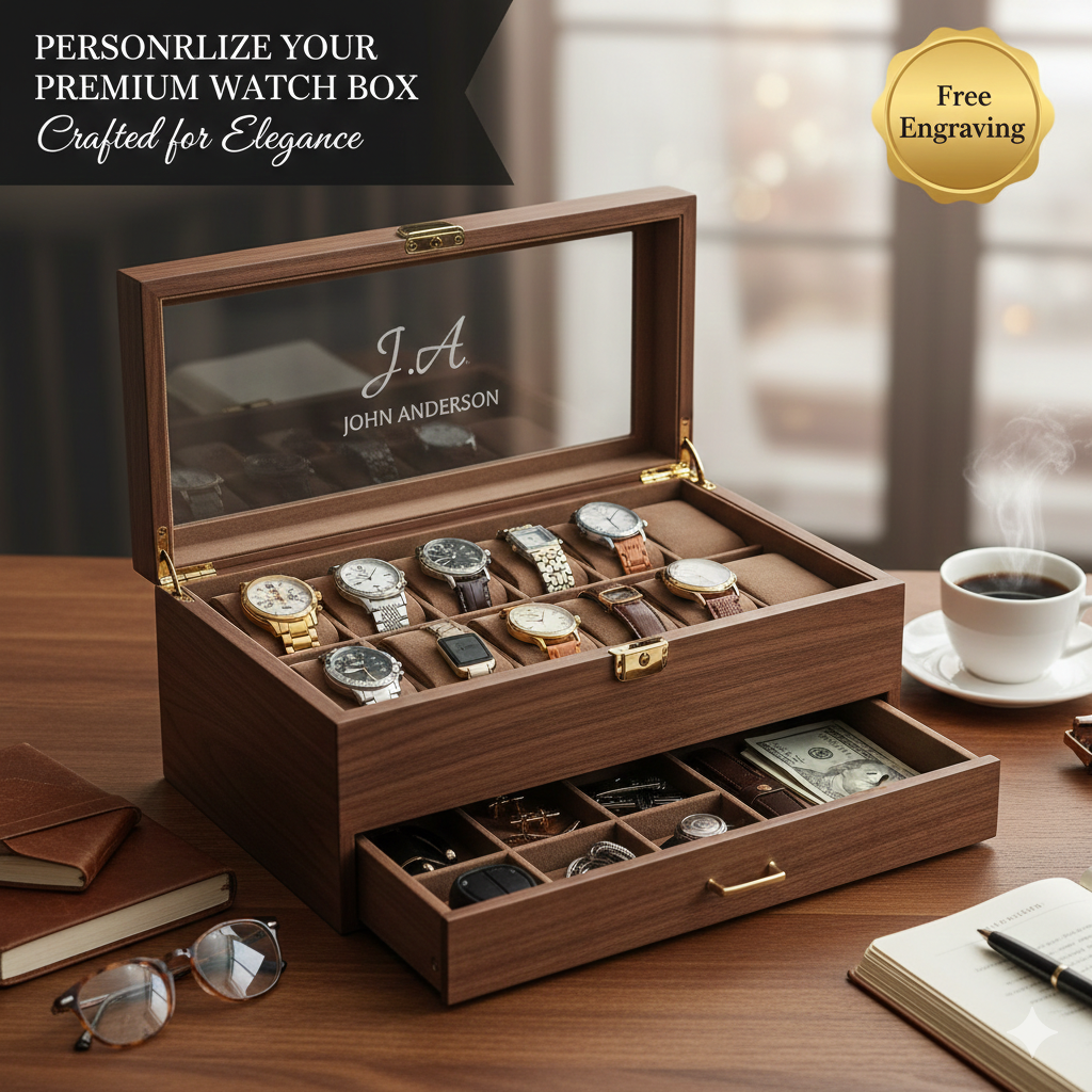 Personalized Leather Watch Box for Men: Engraved Wooden Watch Organizer