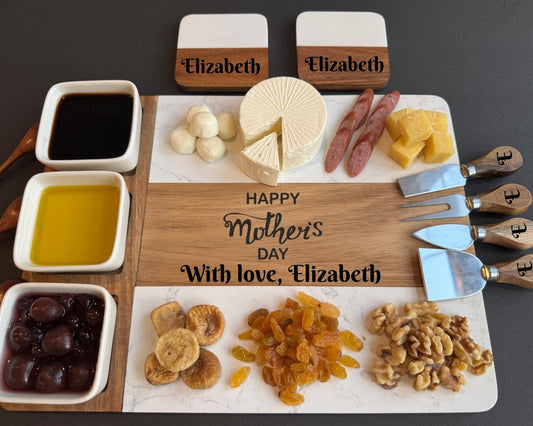 Personalized Marble Wood Cutting Board with Coasters Cheese Cutting Board, Mothers Day Gift Unique Gifts for Her Custom Gift for Mom Grandma