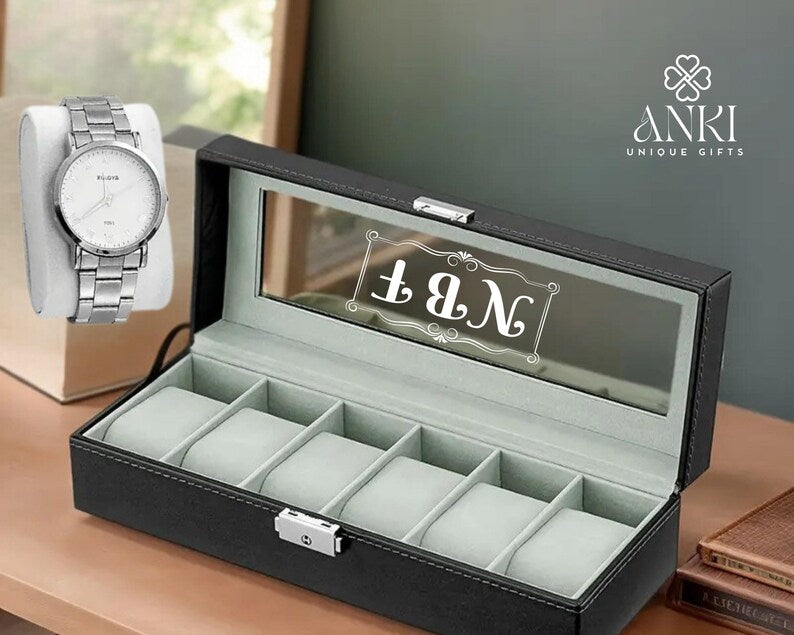 Personalized Leather Watch Box for Men: Engraved Wooden Watch Organizer